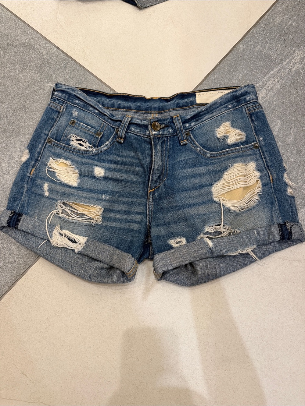 rag & bone Distressed Rolled Hem Denim Shorts - Blue